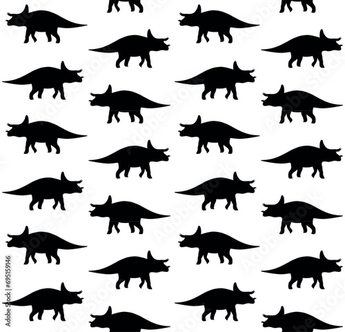 Vector seamless pattern of hand drawn flat triceratops dinosaur silhouette isolated on white background