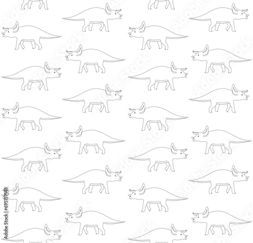 Vector seamless pattern of hand drawn flat outline triceratops dinosaur isolated on white background