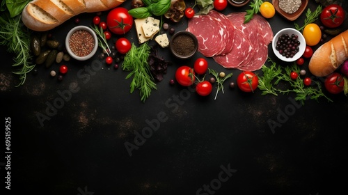 Ingredients for sandwich with meat, baguette, basil, arugula, olives, tomatoes on black background with copy space