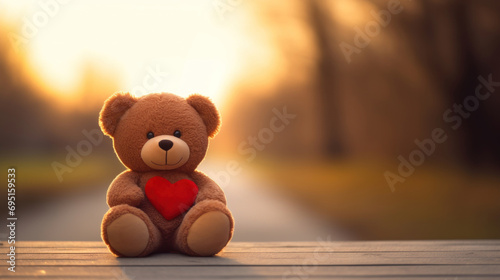 Teddy bear with red heart on sunset background. Valentine's day concept