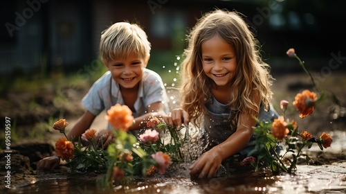 Kid friends play outdoor with flower at garden  splashing water 