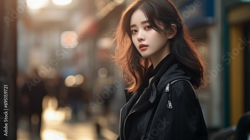Asian woman portrait, wear street fashion photo