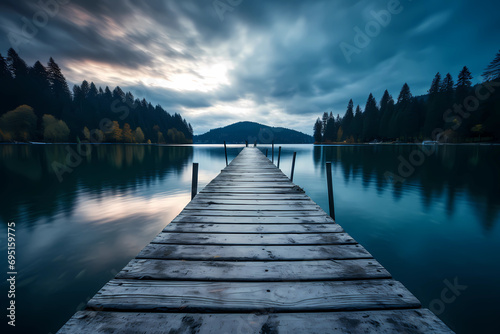 A blue lake with a wooden dock