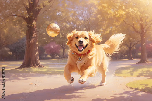 Playful Golden retriever dog jumping and enjoying happily with catching a ball with its paws