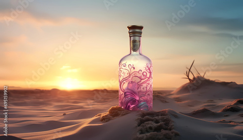 A bottle from the sea and sand sunrise shot photo