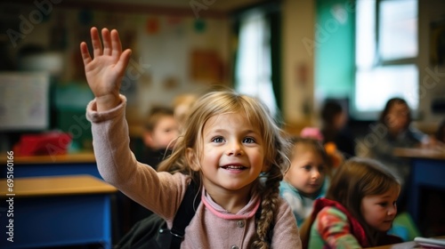 little girl in classroom raising up hand, generative AI © VALUEINVESTOR