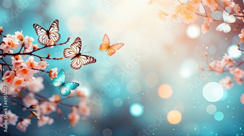 A few bright butterflies on a blurry background.
