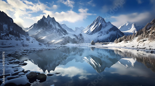 Frozen lakes with reflections of snowy peaks © ginstudio