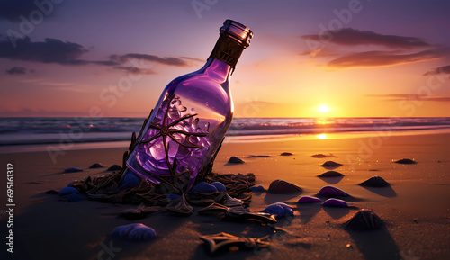 A bottle sitting on the sand on the beach