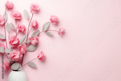 Eucalyptus Floral Composition, Top View of Pink Flowers and Flat Eucalyptus Branches. Ideal for Valentine's Day, Women's Day, Mother's Day. Floral Pattern Concept