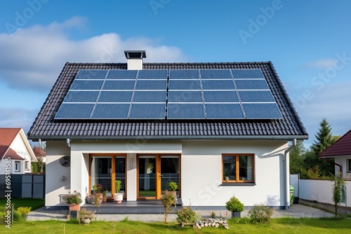 house with a photovoltaic system on the roof. Modern eco friendly passive house with solar panels on the gable roof