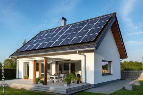 house with a photovoltaic system on the roof. Modern eco friendly passive house with solar panels on the gable roof © ORG