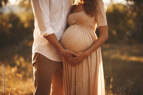 man and woman holding pregnant bump expecting baby. Happy family hands on stomach closeup. Couple in love. photo