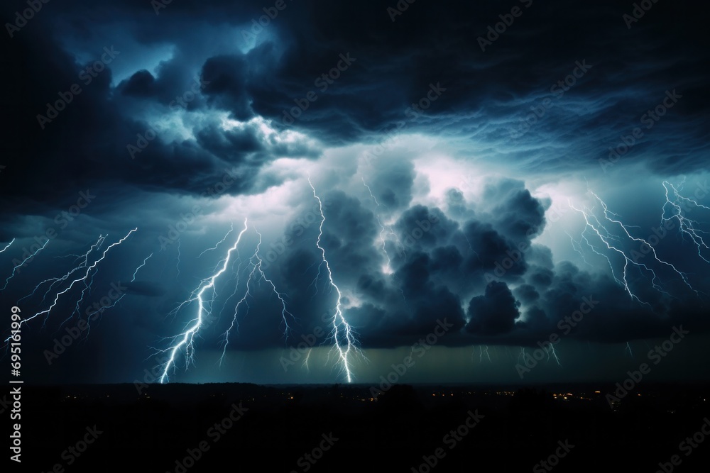Thunderous dark sky with black clouds and flashing lightning. Panoramic