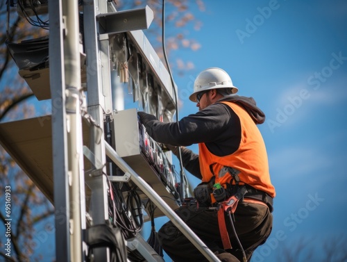 technician working on cell tower, highlighting the infrastructure behind fast and reliable wireless communication