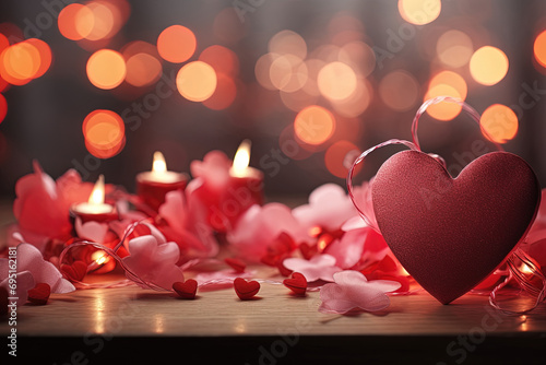 Heart Shape Love Hanging on Garland  Wooden Table with Blur Bokeh Lighting Background. Perfect for Valentine s Day  Anniversary  Wedding  Marriage  and Birthday Party Celebrations
