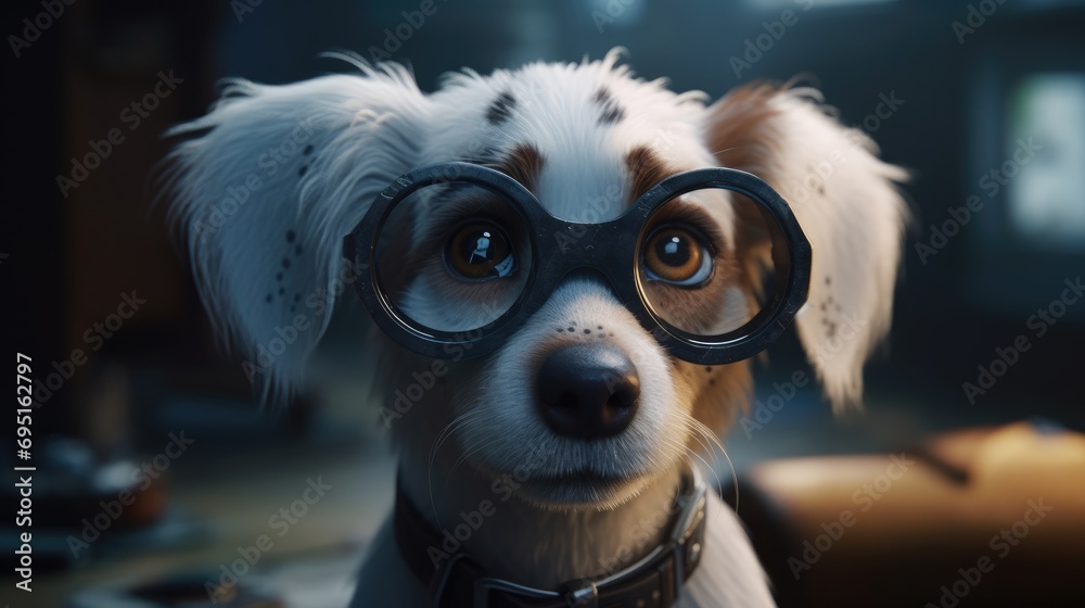 cute young small white dog wearing glasses. Created with Generative AI.