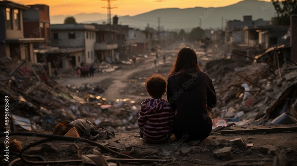 Woman and child looking the destroyed city, disaster or war