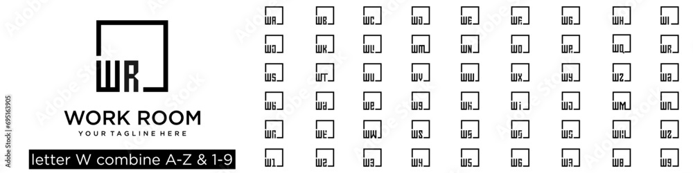set of square logo design combined letter W with A to Z and numbers ...