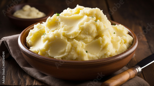 Creamy mashed cauliflower with melted butter and fresh herbs in a bowl. generative ai