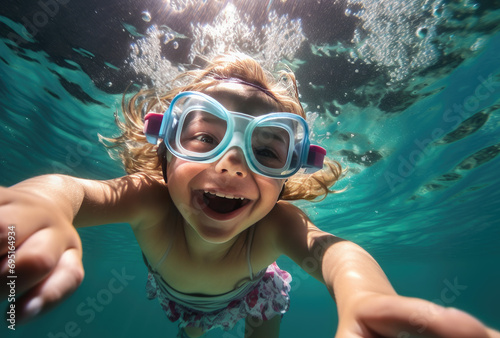 a child with goggles swimming underwater 