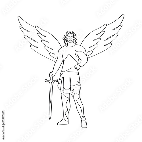 Archangel Michael, a strong male, holding a sword elegant minimalist linear artwork. 