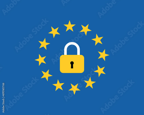 European union flag with a closed lock symbol stops emigration unauthorized signal vector illustration. photo