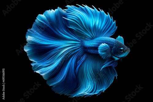 Shimmering bright blue Betta fish with long, flowing fins against a black background. isolated photo