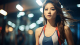Portrait of a beautiful cute and charming asian women in fitness center.