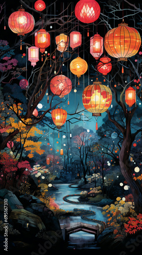 There are many beautiful lanterns hanging on the trees in the background at night 