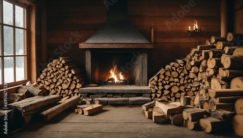 fire place with chopped firewood