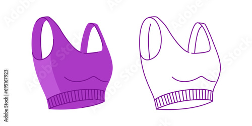 Sports woman purple bra vector illustration in two variations. Crop top fashion flat design isolated on a white background. For sports product design, stickers and templates © Инна Спирина