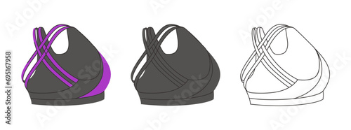 Sports woman bra vector illustration in three variations. Crop top fashion flat design isolated on a white background. View from the back. For sports product design, stickers and templates