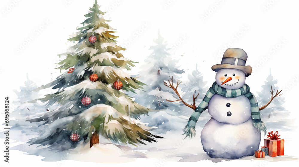 Watercolor painting of snowman with a tree 
