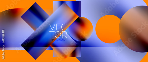 Squares and circles design. Fluid color gradients with metallic effects. Serene synergy of shapes, merging squares and circles into harmonious, captivating design