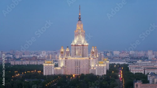 Moscow Sate University and street traffic at evening. Time lapse.