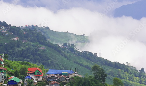 Cuadro en lienzo cloudy himalayan mountains foothills, tea plantation and countryside area of dar