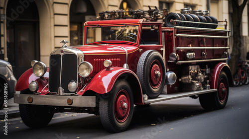 Classic old vintage style AI generated fire fighter truck parking on urban street without people. photo