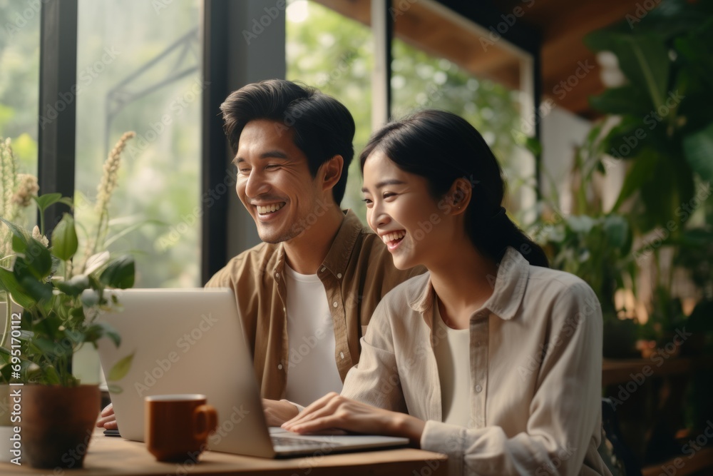 Happy Asian couple working on laptop in cozy home cafe setting. Vibrant, candid, and modern lifestyle image. Happy Asian couple working on laptop in cozy home cafe setting. Vibrant, candid, and modern lifestyle image.