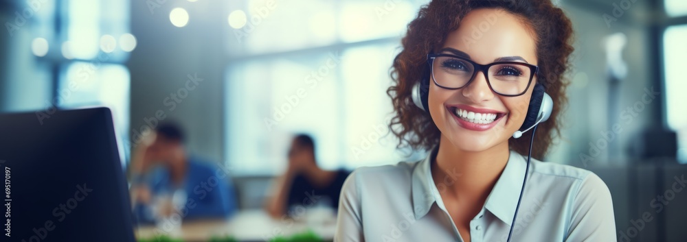 Cheerful customer service rep at work with headset in office. Cheerful customer service rep at work with headset in office.