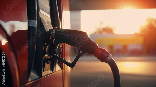 Fuel dispensing nozzles close up. Fuel petrol gas station Generative Ai photo