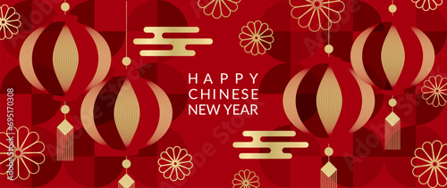 Happy Chinese new year background vector. Year of the dragon design wallpaper with chinese flower, firework, cloud. Modern luxury oriental illustration for cover, banner, website, decor.