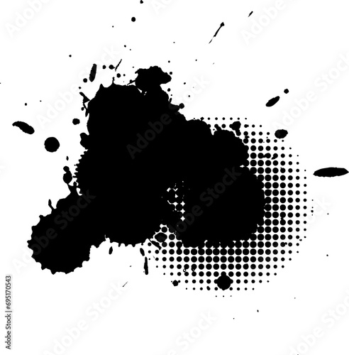 black ink dropped painting splatter splash with halftone graphic on white background