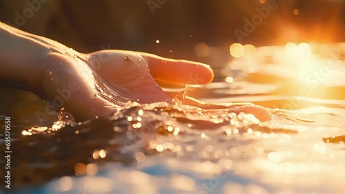 Closeup of a persons hands dipping into the warm water, feeling its soothing effects. photo