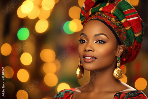young african american woman with hat, earrings and traditional dress for kwanzaa festival celebration, on blur background, bokeh effect