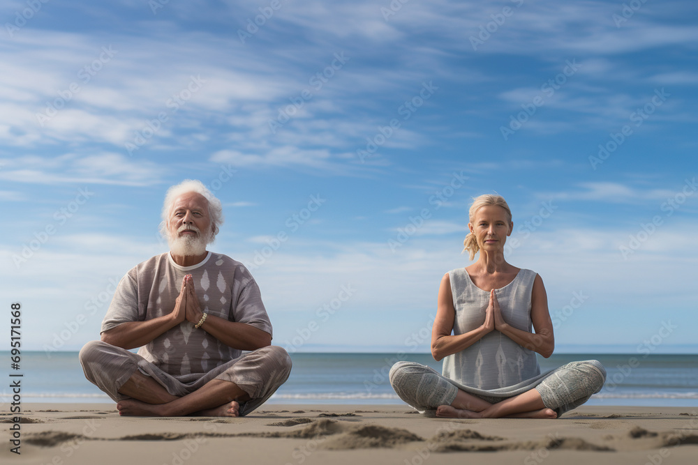 retired senior man and woman doing yoga on the beach