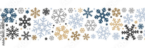 Simple Christmas pattern with geometric blue, golden, silver snowflakes on white background.