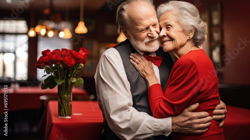 Romantic senior couple celebrating Saint Valentine s Day at home. Beautiful woman and handsome man spending time together. Happy Saint Valentine s Day 