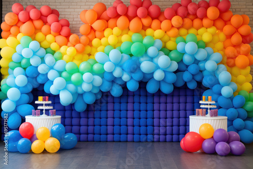 Celebration backdrop with rainbow arche from colorfull balloons photo