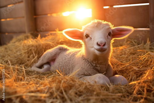 newborn lamb lying among straw in a stable, on golden sunset background photo